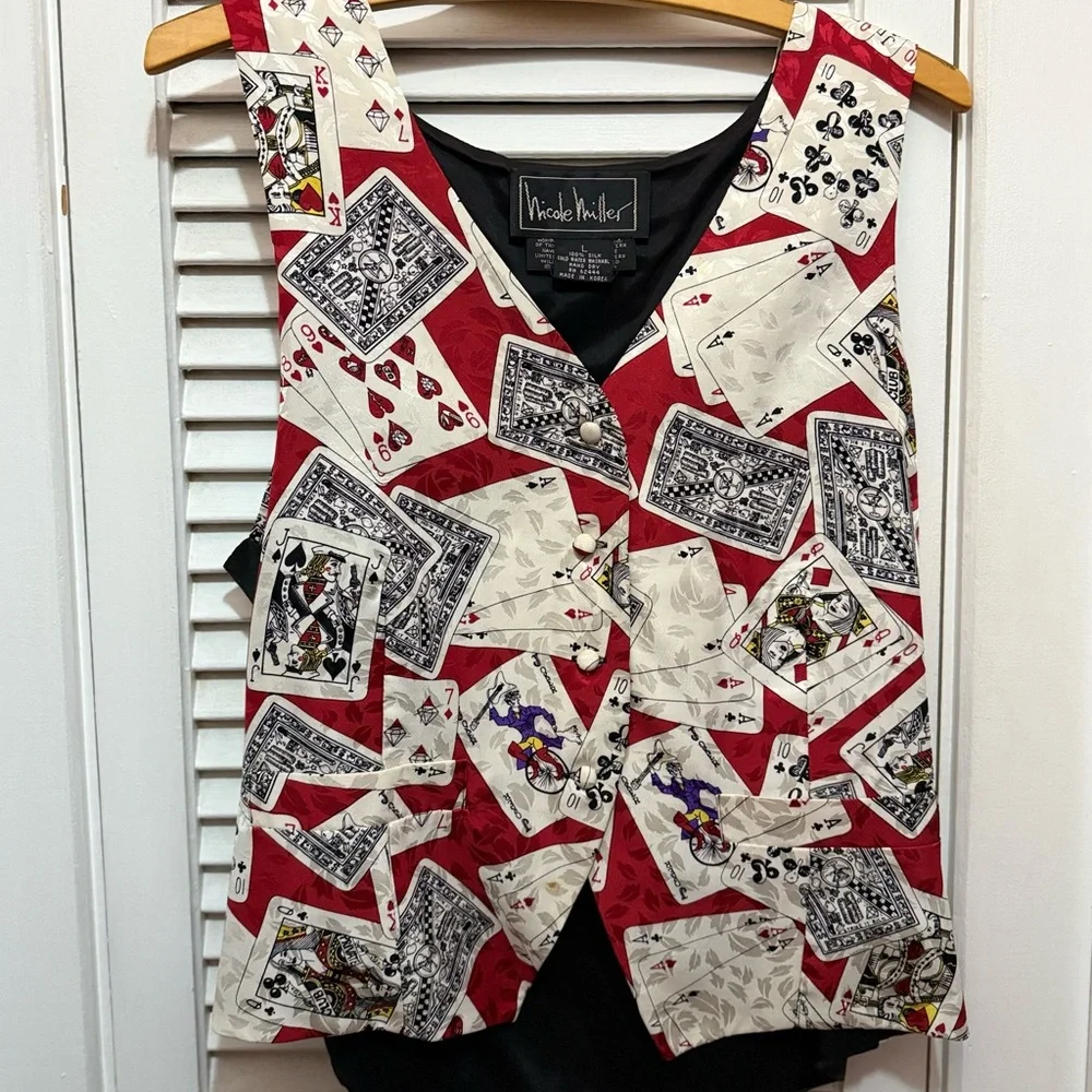 1992 Vintage Nicole Miller Silk Button Up Card Vest - Picture 1 of 9
